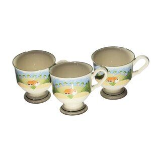 Set Of 3 Sango Stoneware Footed Mugs With Country Cottage Scene Korea